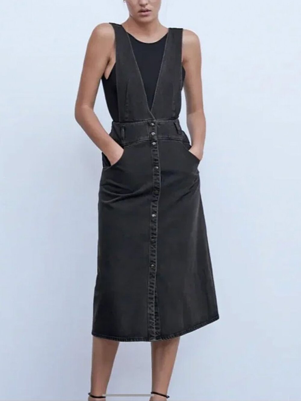 Zara Black Denim Pinafore Overall Midi Dress Size S